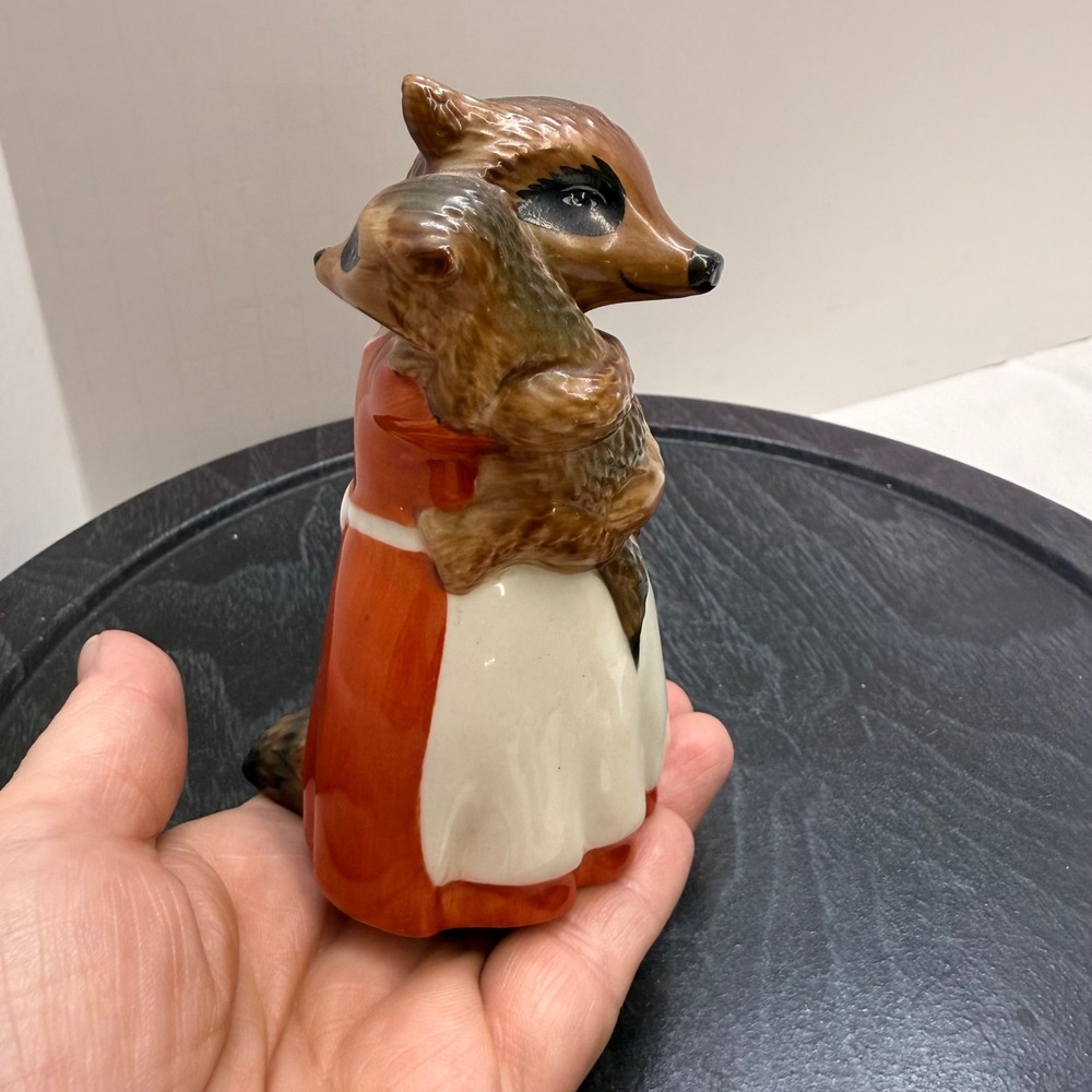 Vintage 1981 The Ringtale Raccoons Mother and Baby Ceramic‎ Figurine Red Dress